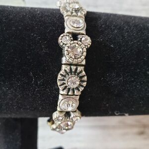 Disney Mickey Icon Rhinestone Metal Charm Stretch Bracelet Band Mouse Flower 7"